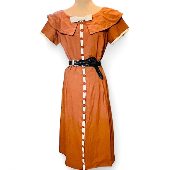 1940s Two Tone Linen Dress, Handmade A-Line, Orange, Cream, Vtg Academia, Sm - Picture 14 of 14
